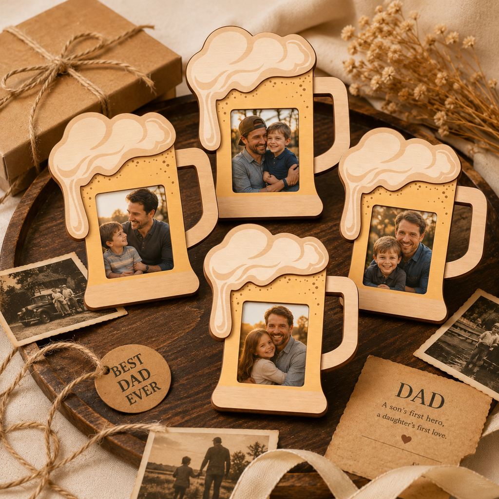 MemoryForU Personalized Daddy Wooden Photo Frame with Beer Mug Design, Custom Father’s Day Picture Keepsake, Fun Gift for Dad