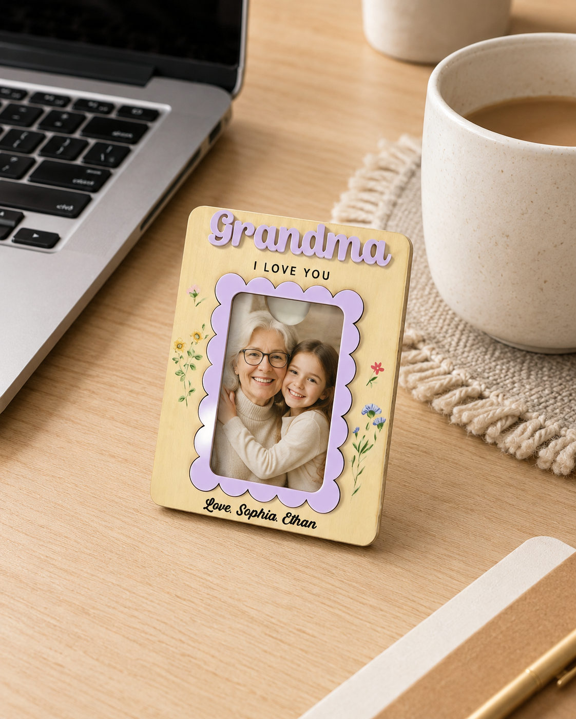 MemoryForU Personalized Grandma Wooden Photo Frame, Floral Custom Picture Keepsake, Gift for Grandma from Grandkids