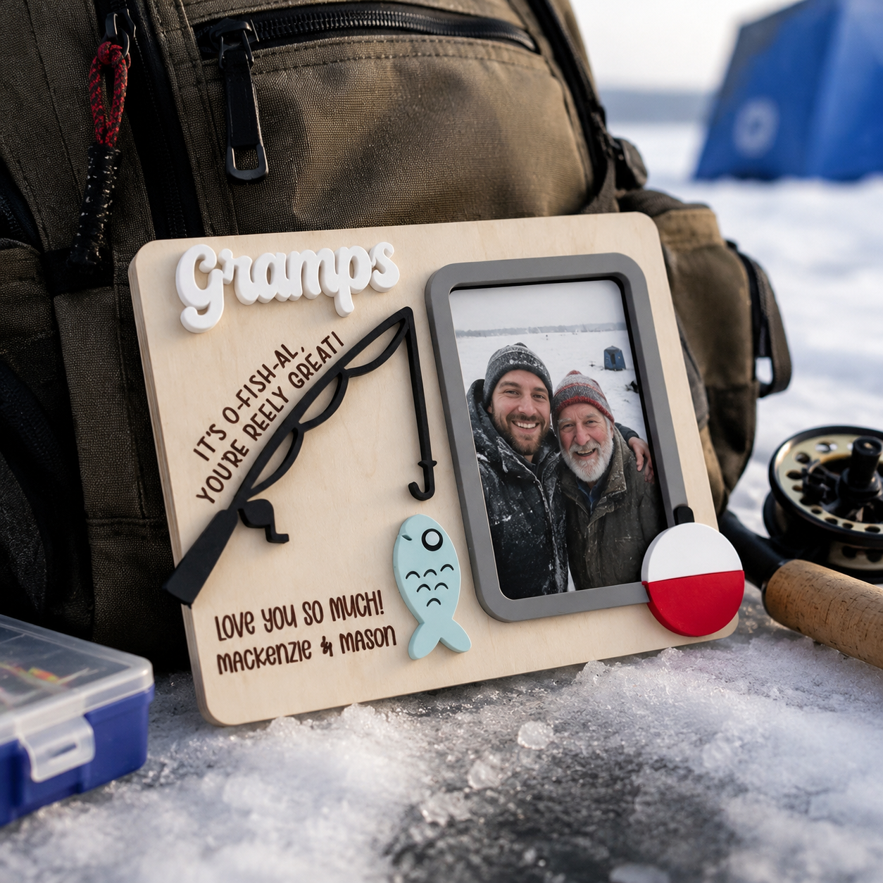 MemoryForU Father's Day Photo Frame With Strap | Father's Day Gift | Gift for Dad | Gift for Grandpa | Photo Frame | Ice Fishing | Personalized Gift