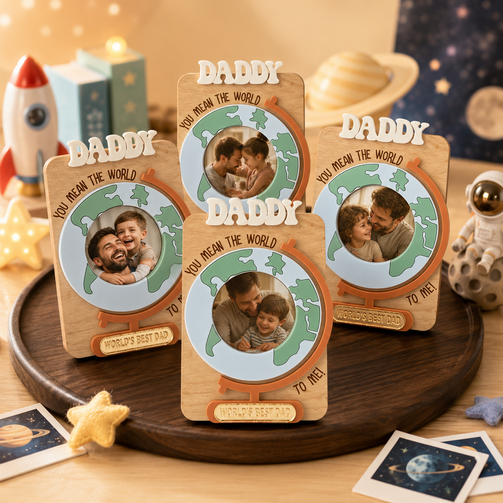 MemoryForU Personalized Wooden Dad Photo Frame with Globe Design, Custom Father’s Day Picture Keepsake, Heartfelt Gift for Dad