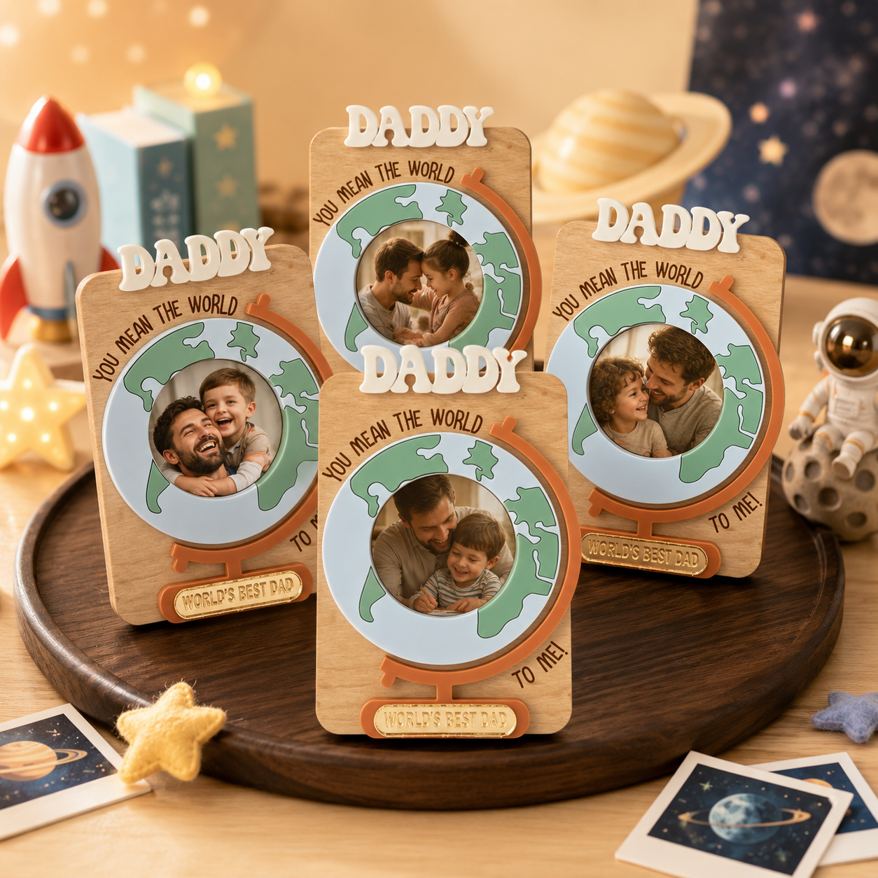 MemoryForU Personalized Wooden Dad Photo Frame with Globe Design, Custom Father’s Day Picture Keepsake, Heartfelt Gift for Dad
