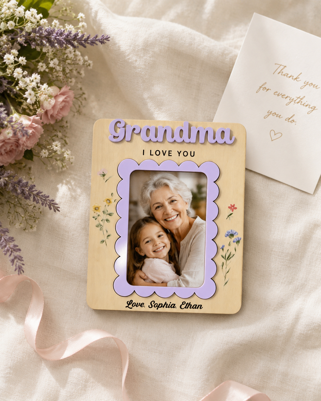 MemoryForU Personalized Grandma Wooden Photo Frame, Floral Custom Picture Keepsake, Gift for Grandma from Grandkids