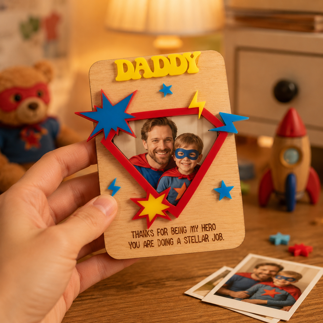 MemoryForU Personalized Daddy Wooden Photo Frame with Superhero Design, Custom Father’s Day Picture Keepsake, Hero Gift for Dad