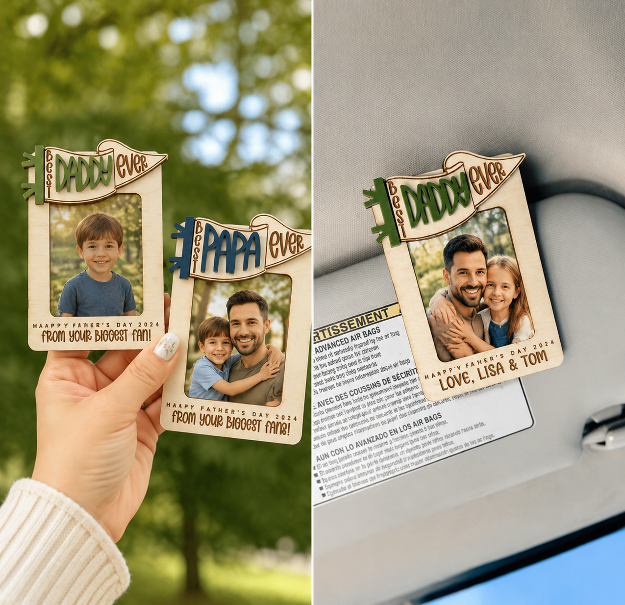 MemoryForU Best Dad Ever Custom Wooden Photo Frame for Car Sun Visor