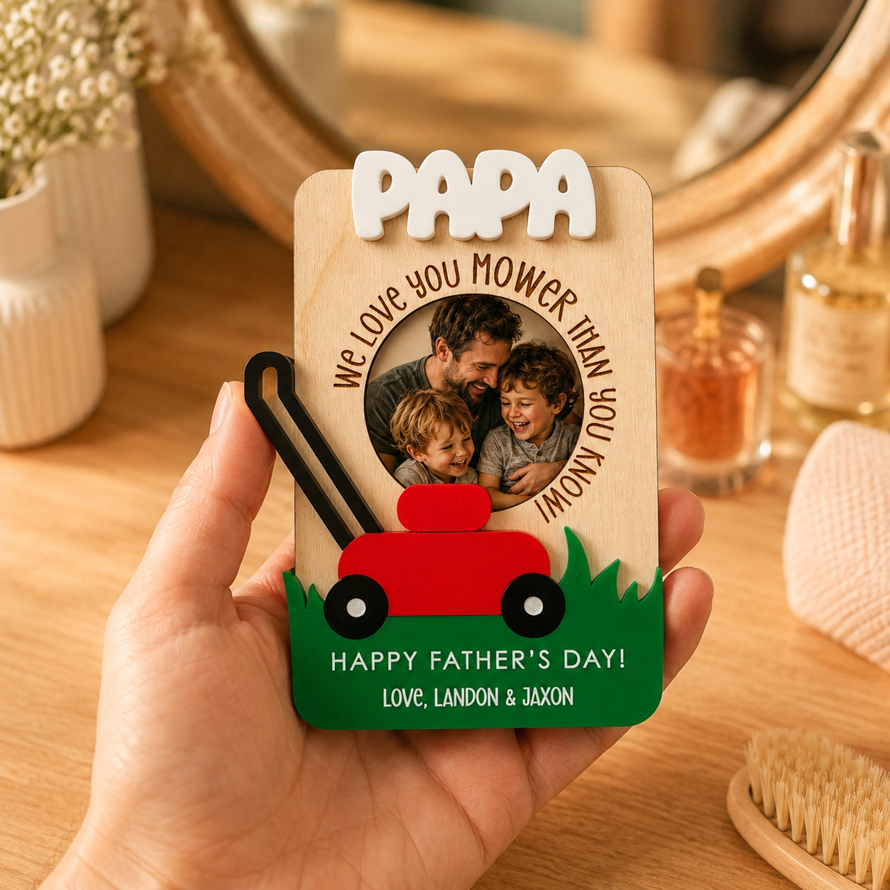 MemoryForU Father's Day Photo Frame, Father's Day Gift, Photo Frame, Mower, Personalized, Gift for Dad, Gift for Grandpa, Wooden Photo Frame, Visor