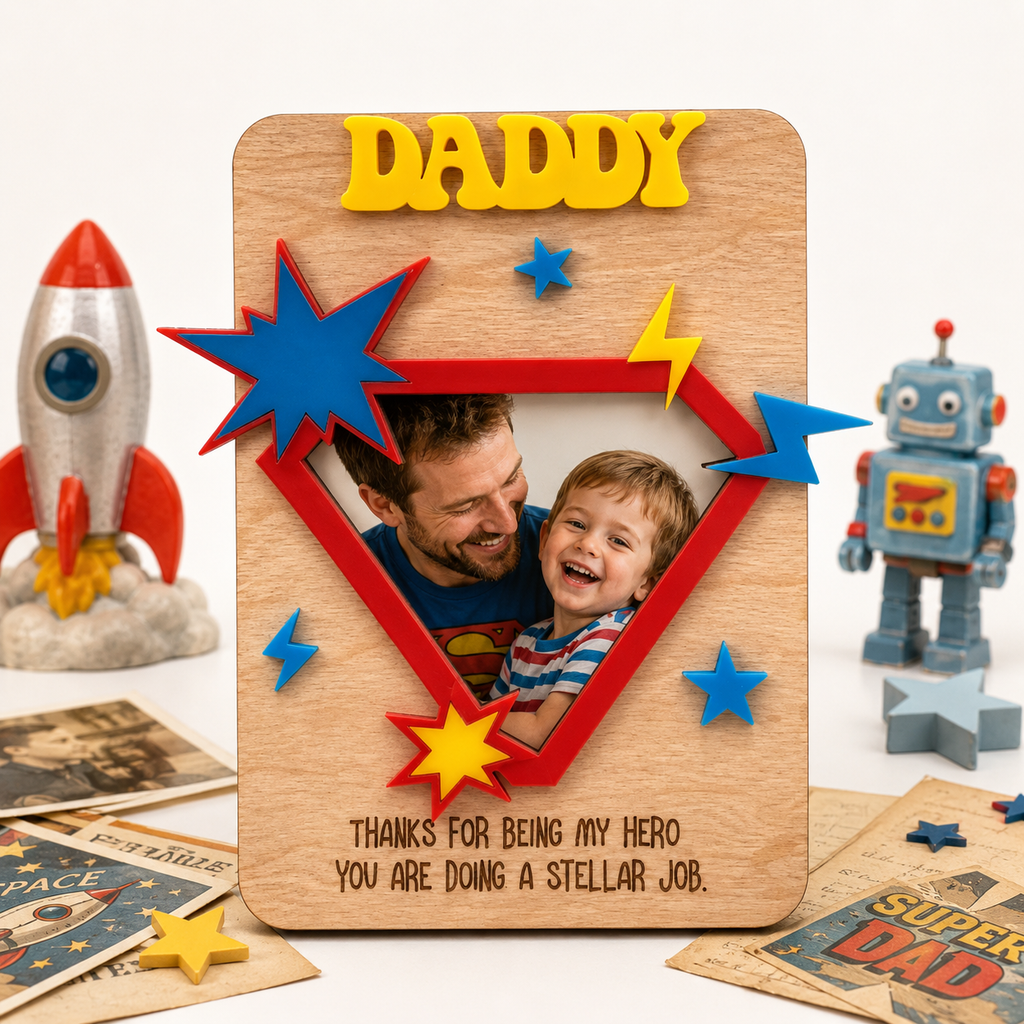 MemoryForU Personalized Daddy Wooden Photo Frame with Superhero Design, Custom Father’s Day Picture Keepsake, Hero Gift for Dad