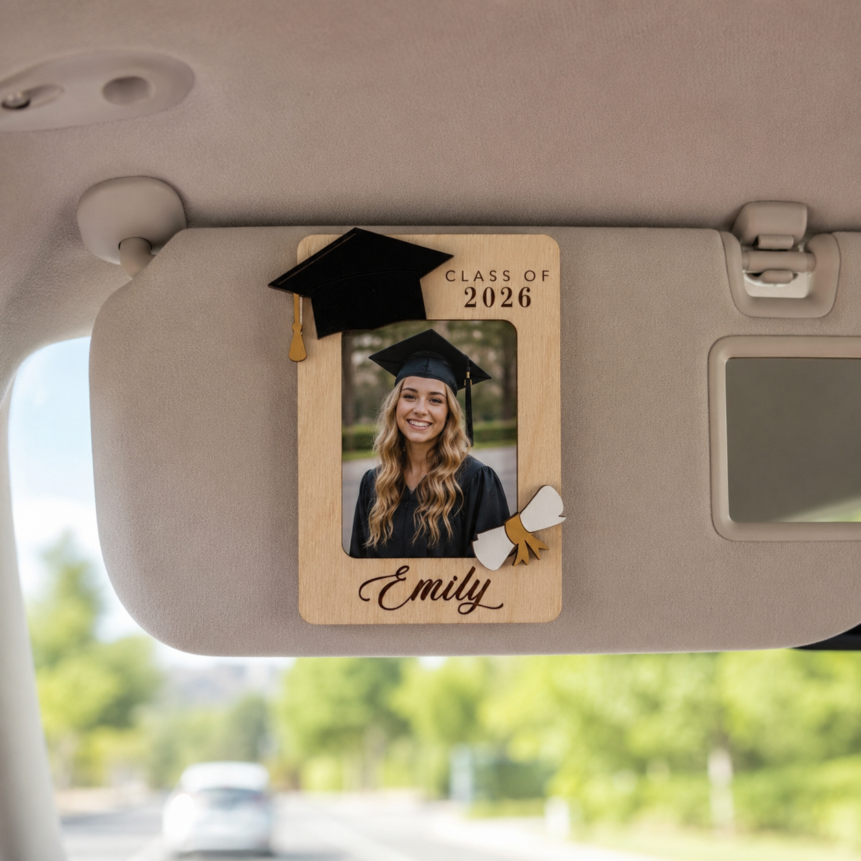 MemoryForU Proud Graduation 2026 Custom Natural Wooden Photo Frame for Car Sun Visor