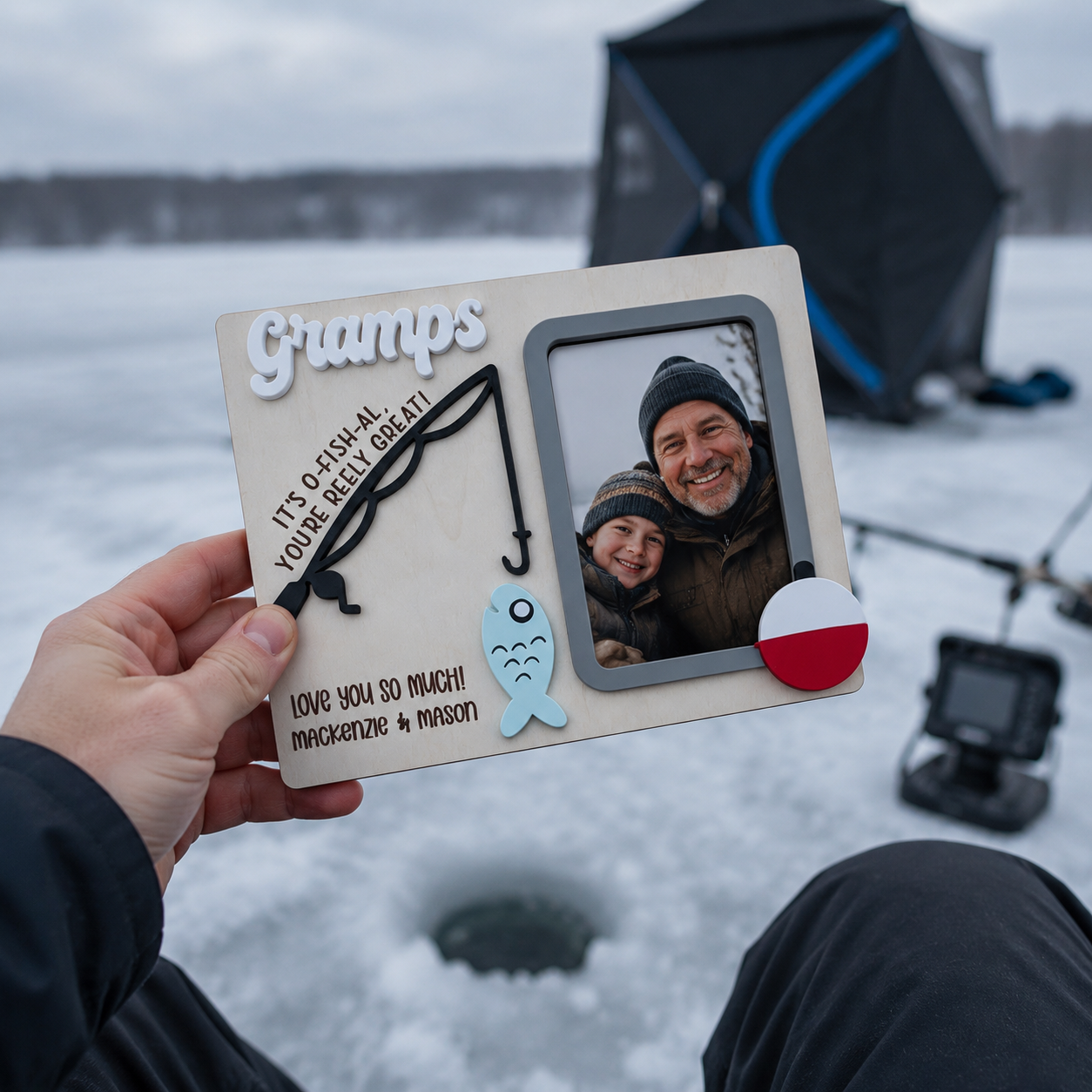 MemoryForU Father's Day Photo Frame With Strap | Father's Day Gift | Gift for Dad | Gift for Grandpa | Photo Frame | Ice Fishing | Personalized Gift