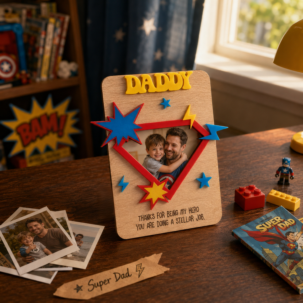MemoryForU Personalized Daddy Wooden Photo Frame with Superhero Design, Custom Father’s Day Picture Keepsake, Hero Gift for Dad