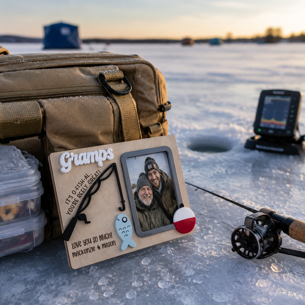 MemoryForU Father's Day Photo Frame With Strap | Father's Day Gift | Gift for Dad | Gift for Grandpa | Photo Frame | Ice Fishing | Personalized Gift
