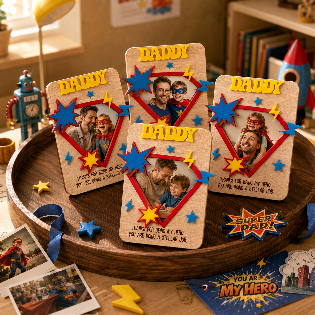 MemoryForU Personalized Daddy Wooden Photo Frame with Superhero Design, Custom Father’s Day Picture Keepsake, Hero Gift for Dad