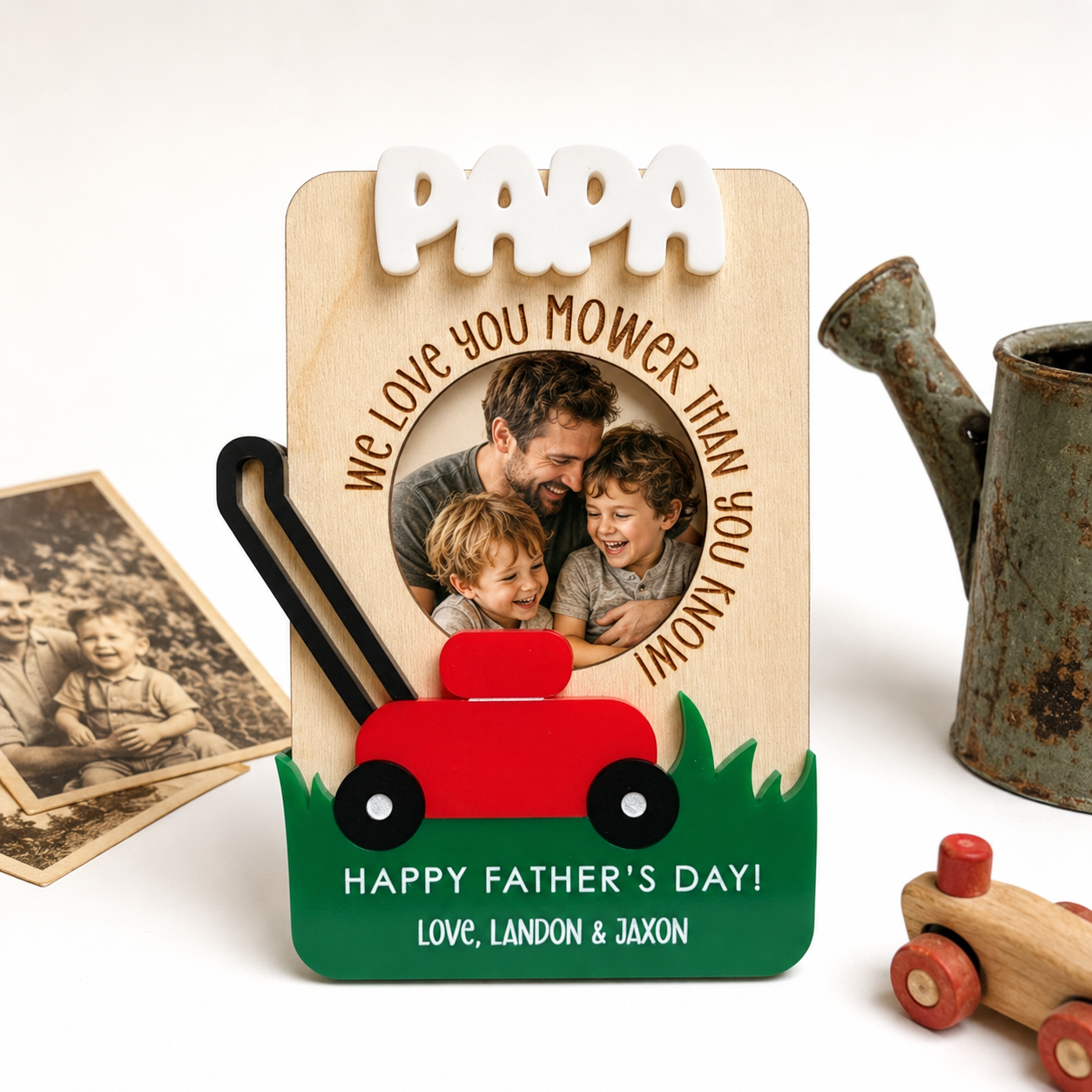MemoryForU Father's Day Photo Frame, Father's Day Gift, Photo Frame, Mower, Personalized, Gift for Dad, Gift for Grandpa, Wooden Photo Frame, Visor