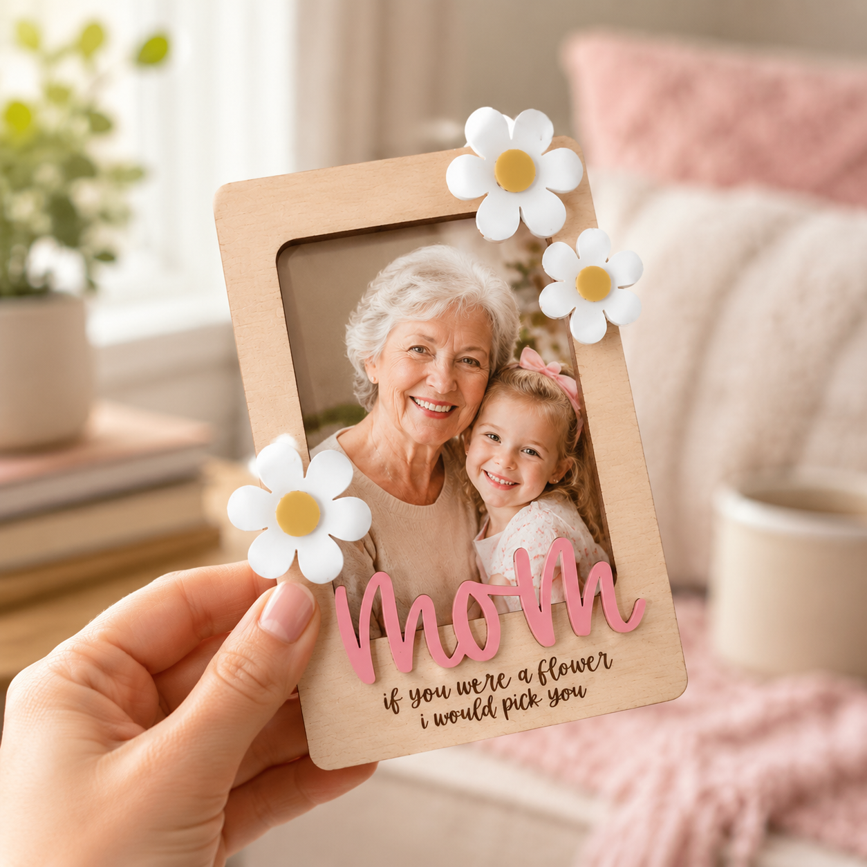 MemoryForU Personalized Grandma Wooden Photo Frame, Wooden Photo Frame | Mother's Day | Picture Frame，Flower