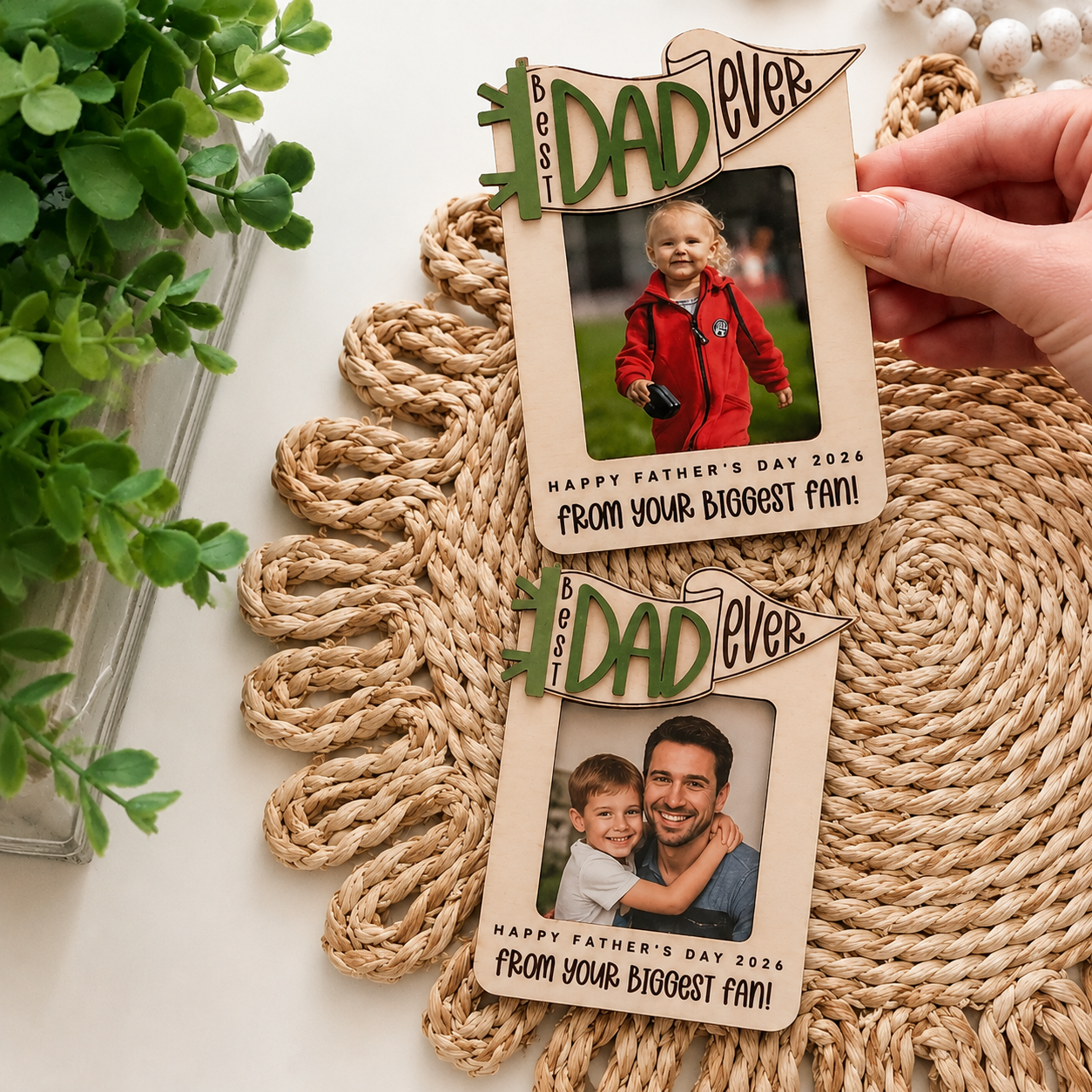 MemoryForU Best Dad Ever Custom Wooden Photo Frame for Car Sun Visor