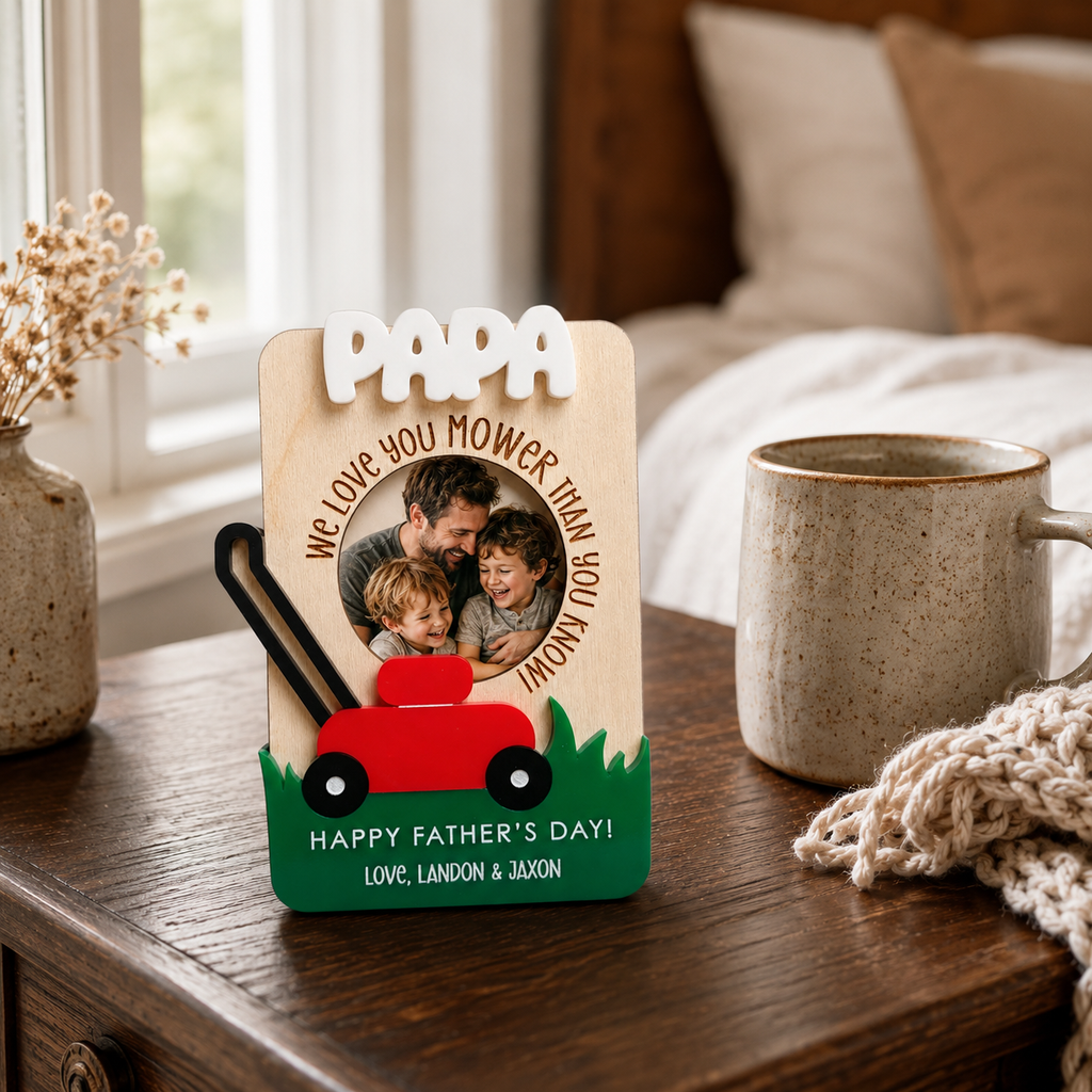 MemoryForU Father's Day Photo Frame, Father's Day Gift, Photo Frame, Mower, Personalized, Gift for Dad, Gift for Grandpa, Wooden Photo Frame, Visor