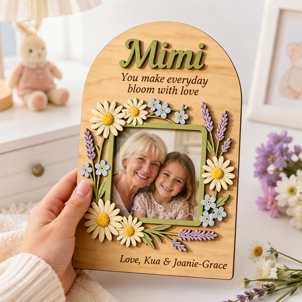 MemoryForU Custom Wooden Photo Frame for Mother's Day Gift, Floral Keepsake Decor, Personalized Nana Gift, Grandma Birth Flower Plaque