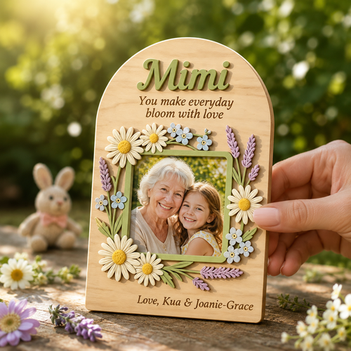 MemoryForU Custom Wooden Photo Frame for Mother's Day Gift, Floral Keepsake Decor, Personalized Nana Gift, Grandma Birth Flower Plaque