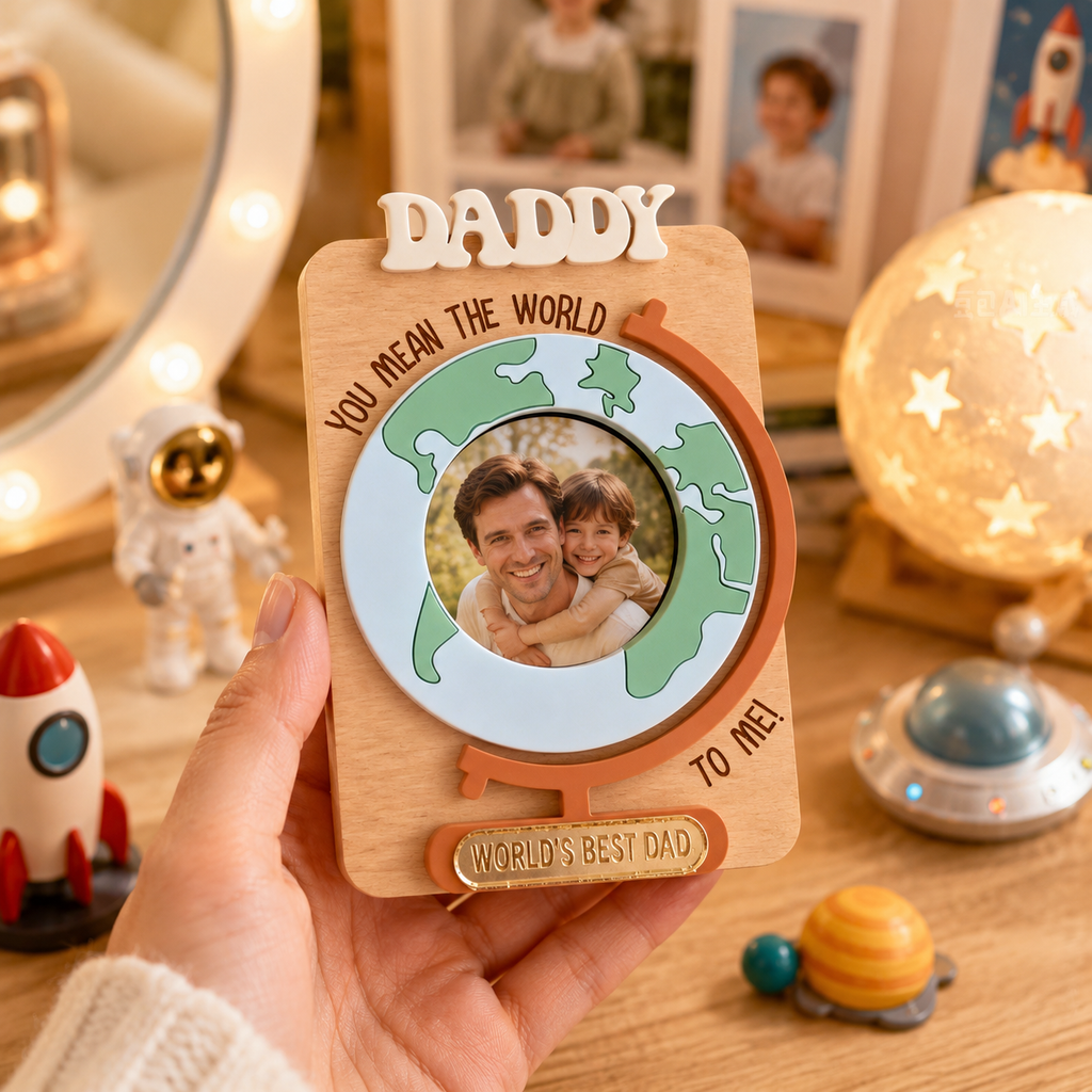 MemoryForU Personalized Wooden Dad Photo Frame with Globe Design, Custom Father’s Day Picture Keepsake, Heartfelt Gift for Dad