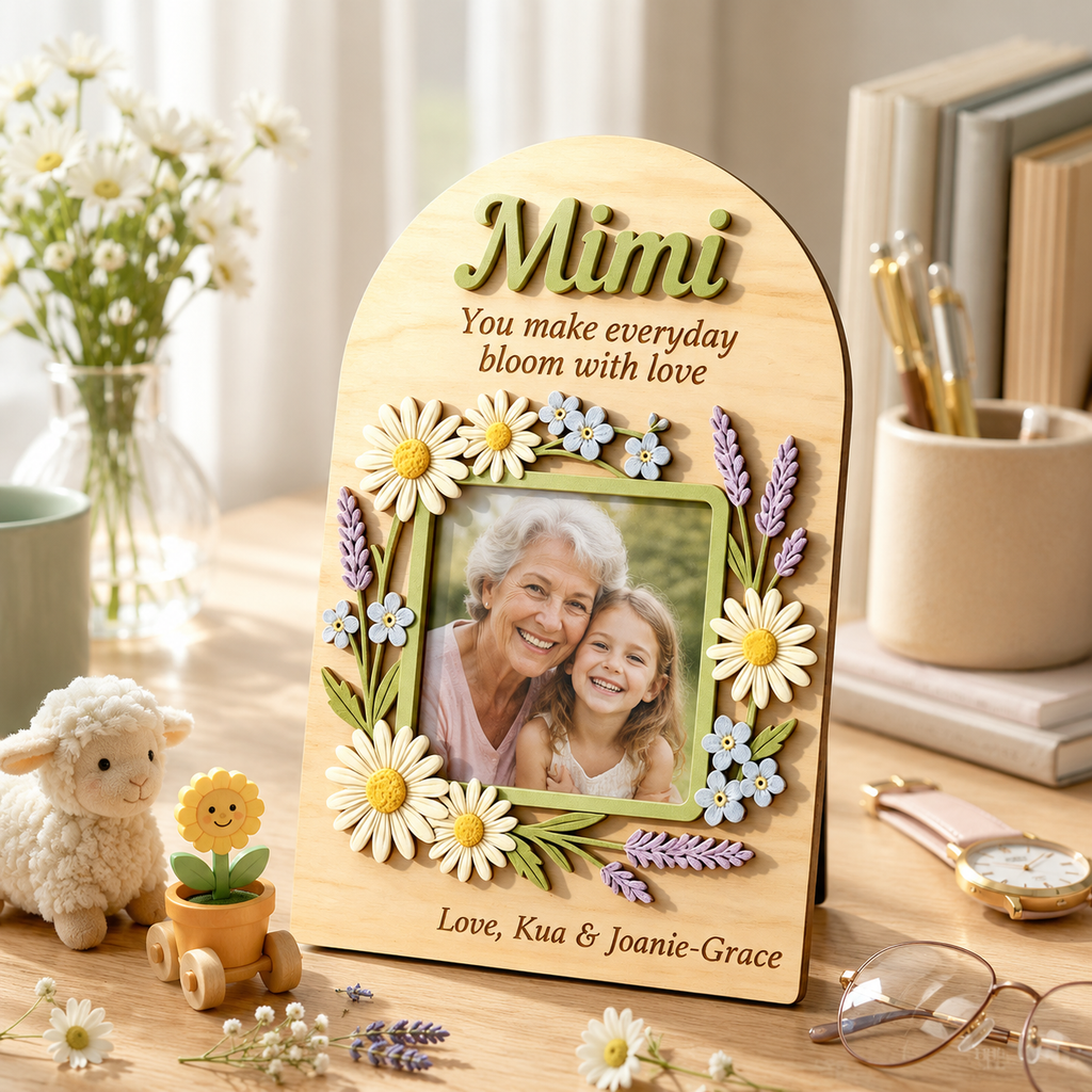 MemoryForU Custom Wooden Photo Frame for Mother's Day Gift, Floral Keepsake Decor, Personalized Nana Gift, Grandma Birth Flower Plaque
