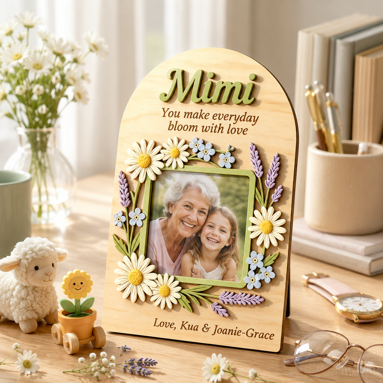 MemoryForU Custom Wooden Photo Frame for Mother's Day Gift, Floral Keepsake Decor, Personalized Nana Gift, Grandma Birth Flower Plaque