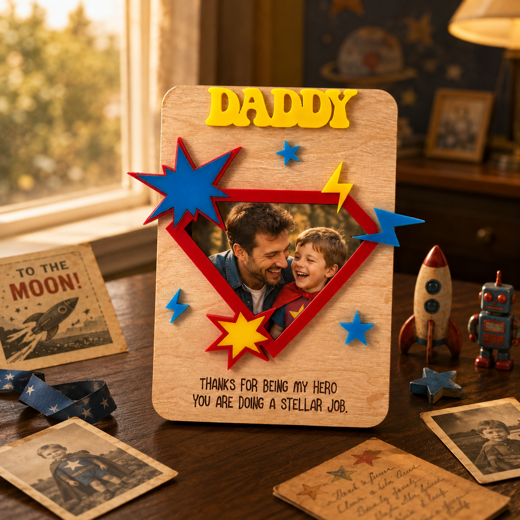 MemoryForU Personalized Daddy Wooden Photo Frame with Superhero Design, Custom Father’s Day Picture Keepsake, Hero Gift for Dad