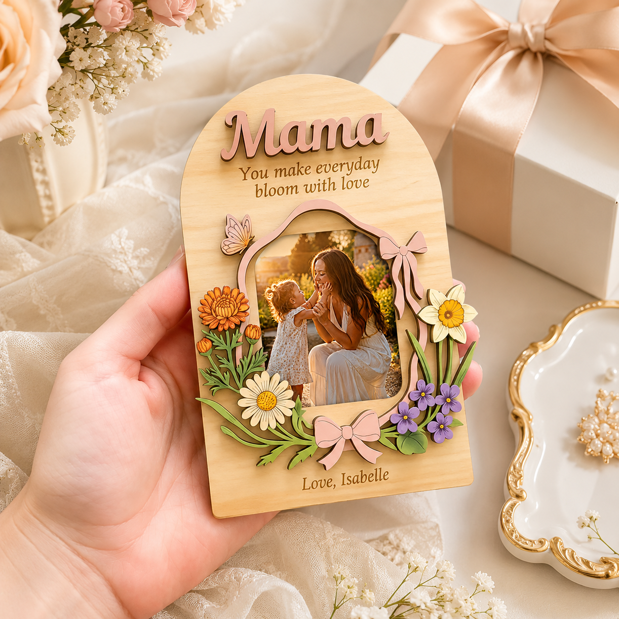 MemoryForU Custom Wooden Photo Frame for Mother's Day Gift, Floral Keepsake Decor, Personalized Nana Gift, Grandma Birth Flower Plaque