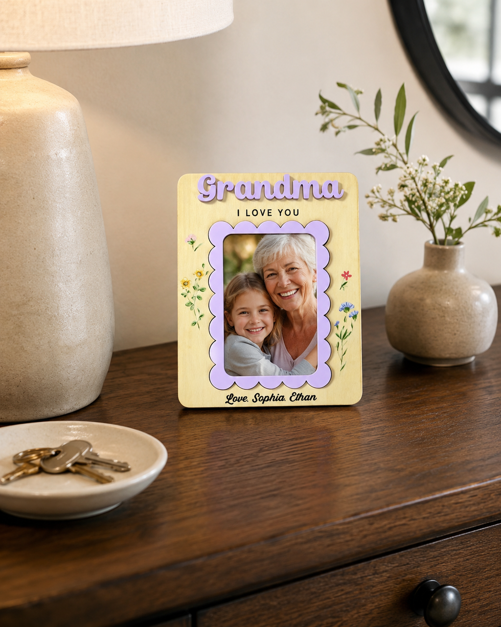 MemoryForU Personalized Grandma Wooden Photo Frame, Floral Custom Picture Keepsake, Gift for Grandma from Grandkids