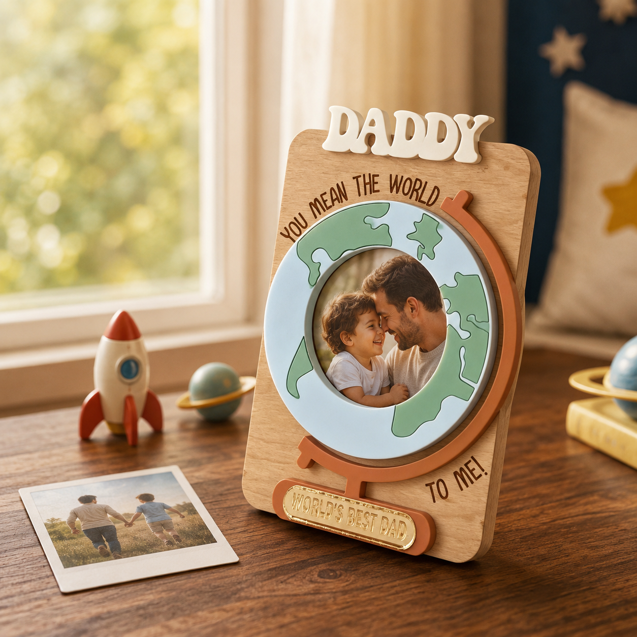 MemoryForU Personalized Wooden Dad Photo Frame with Globe Design, Custom Father’s Day Picture Keepsake, Heartfelt Gift for Dad