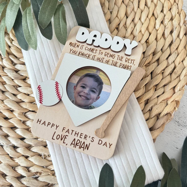 MemoryForU Personalized Father's Day Photo Frame Father's Day  Wooden Photo Frame  Father's Day Visor Clip  Fathers Day Keepsake  Gift For Dad Baseball